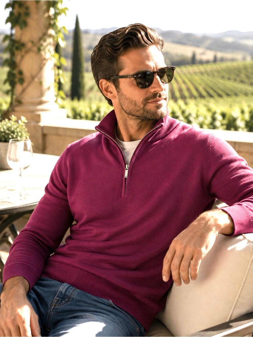 Black Brown 1826 Merino Wool Quarter Zip Sweater Magenta XL